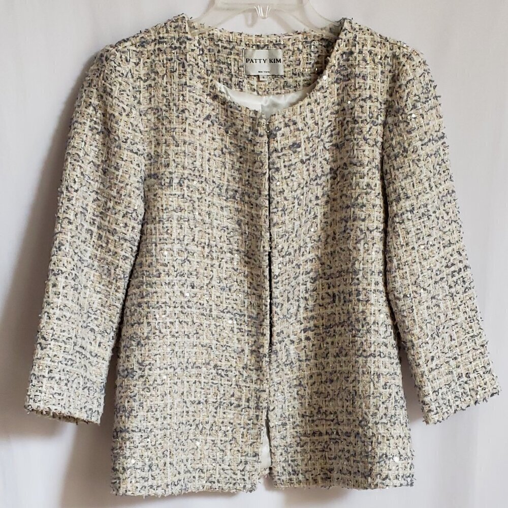 PATTY KIM Blue, Cream & Blue Tweed Blazer jacket. Elegant holiday